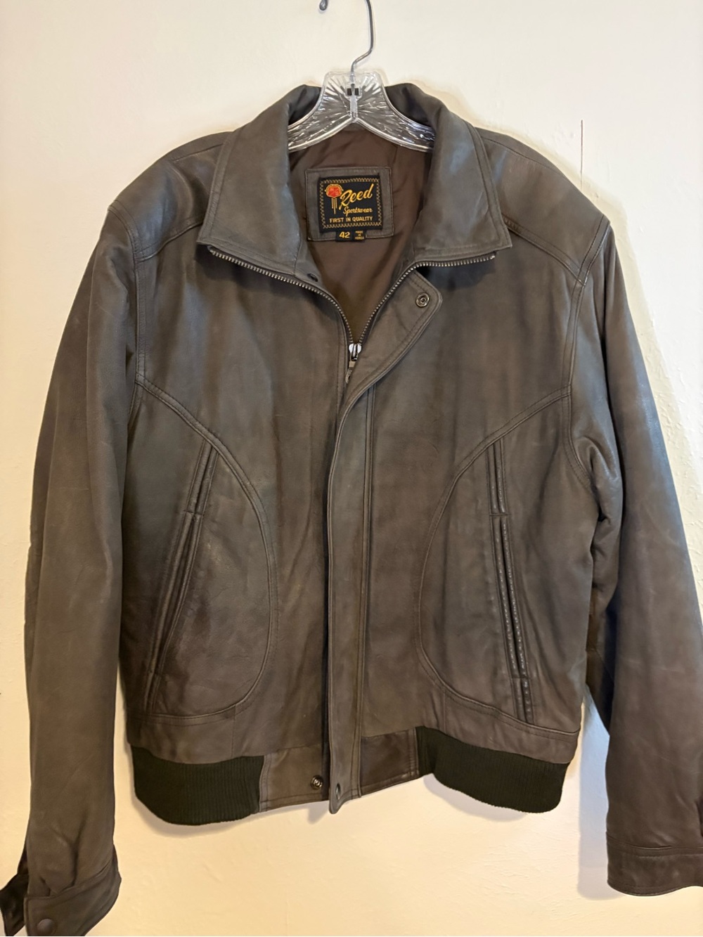 REED Genuine Leather Men's Gray Bomber Jacket Size 42